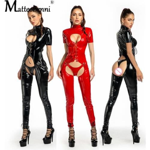 New Latex Catsuit Faux Leather Women Jumpsuit Hollow Out Stretch PVC Lingerie Bodysuit Gay Fetish Costume Sexy Hot Erotic Suit