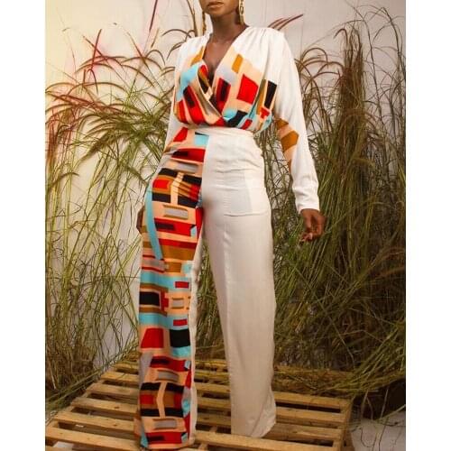 RMSFE 2021 Womens Long Sleeve V-Neck Fashion Printing Splicing High Waist Tight Wide Leg One-Piece Pants Jumpsuit