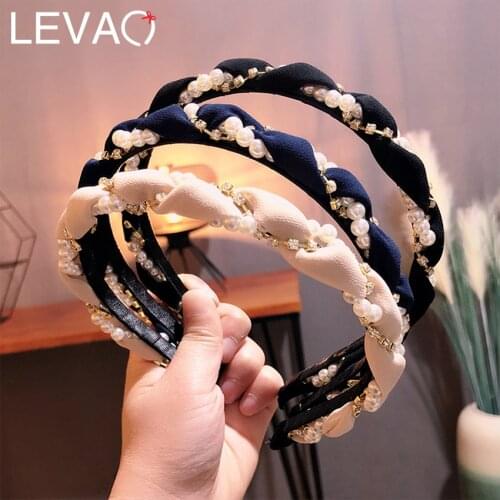 Levao Women Print Braid Hairband Imitation Pearl Winding Headband Hair Accessories Tiara Wave Hairware Charm Hair Hoop Headwear