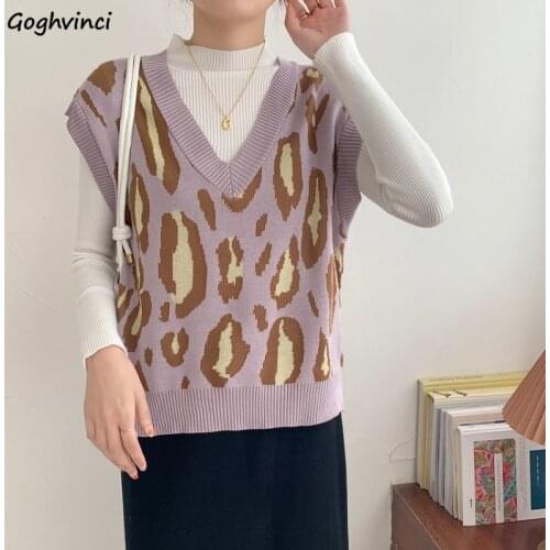 Sweater Vest Women Design Retro V-neck Leopard Sleeveless Sweaters Streetwear Outwear Elegant All-match Soft Knit Femme Ulzzang