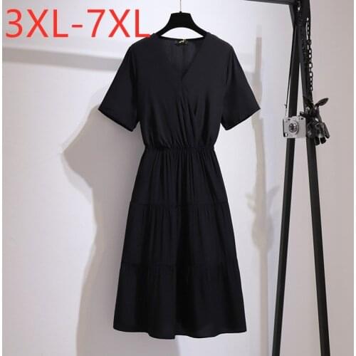 New 2021 Ladies Summer Plus Size Midi Dress For Women Large Short Sleeve Loose Black Cotton V-neck Dress 3XL 4XL 5XL 6XL 7XL