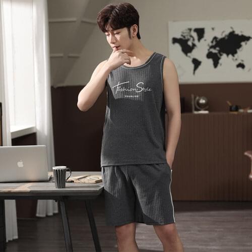 Boy Male Pocket Vest Pants Pajamas Sleeveless Vest Pyjamas Undershirt Sleepwear Nightwear Loose Oneck Mans Jams 6535 Cotton HDE