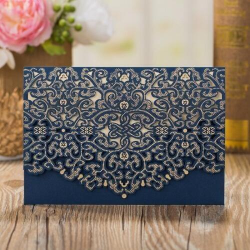 20 pieces/lot) Laser Cut Navy Blue Wedding Invitation Card Gold Stamping Flower Vintage Invitations With Envelope C067