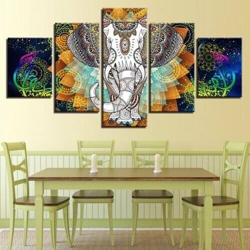 HD Print Art Animal Canvas Pictures 5 Pieces India Elephant And Abstract Color Flower Paintings Modular Frame Bedroom Wall Decor
