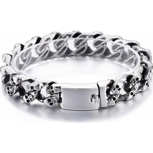 HAOLYNJOY Punk Skull Charm Bracelets Men 21.5cm Stainless Steel Link Chain Wrap Bangle Gothic Biker Jewelry