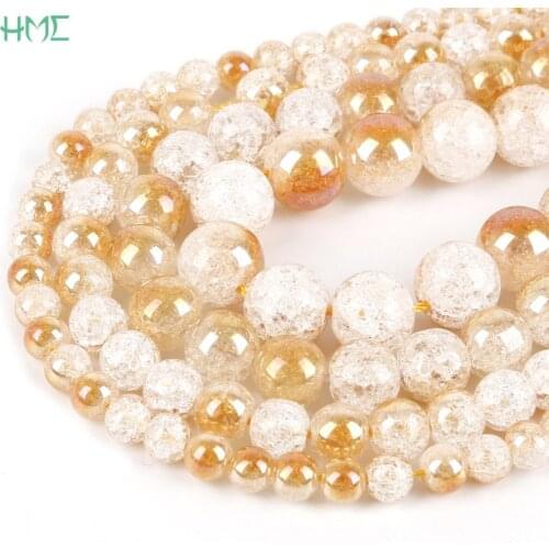 6/8/10/12mm One Side Plated Champagne White Snow Cracked Crystal Natural Stone Spacer Beads For Bracelet Necklace Jewelry Making