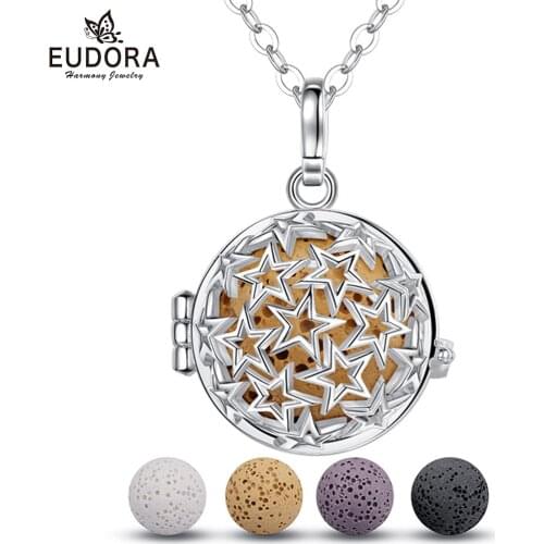 EUDORA NEW 20mm Aromatherapy Perfume Essential Oils Diffuser Necklace Star Round Locket Cage Pendant with Fun Lava Stone K96N20