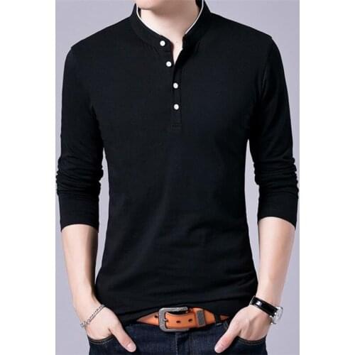 Summer hot business casual mens T-shirt solid color long-sleeved wild cotton collar Tops