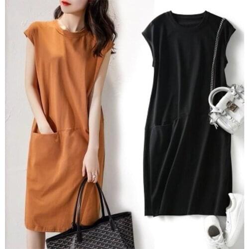 Cotton 2021 Spring Popular Loose Short Sleeve Solid Black Yellow T-shirt Dress Womens Korean Pocket Dresses Women Mid-length