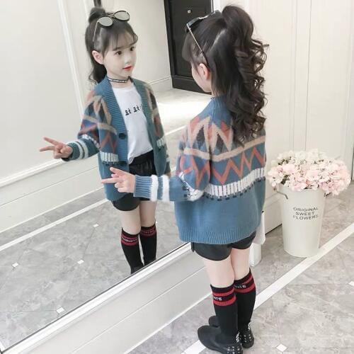 Ins hot 2019 girls sweater 4-13 years old new cardigan cotton clothes Diamond wavy line pattern summer and autumn thin sweater