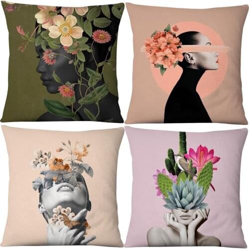 Beauty Black Woman Cushion Cover Cactus Flower Girls Posters Pillowcase Sofa Decor Pillow Case Accept Wholesale Dropshipping