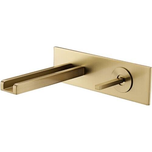 Bathroom Basin Faucet Brass With LED Light Sink Mixer Tap Hot & Cold Lavatory Waterfall Crane In-Wall Single Handle Brushed Gold