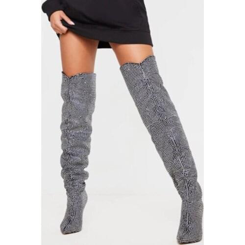 Fashion American Style Pointy Toe Shiny Bling Diamonds Long Boots for Teenager Women Sexy High Heel Boots Over Knee Big Size 43