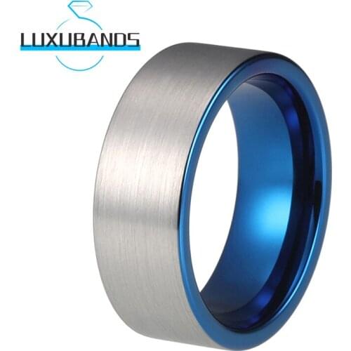 8MM Men Wemens Tungsten Carbide Rings Engagement Bands Flat Blue Inner Brushed Finished Comfort Fit