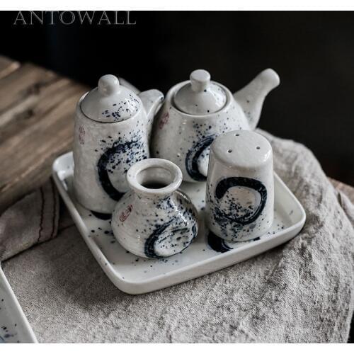 ANTOWALL Chinese style retro seasoning jar set soy sauce bottle toothpick holder pepper bottle set restaurant Japanese cuisine