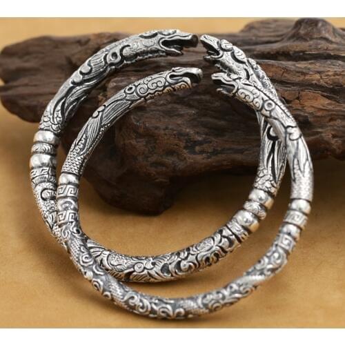 NEW! Real 999 Silver Dragon Bangle Vintage 999 Silver Dragon Cuff Bracelet Pure Silver Lovers' Bangles