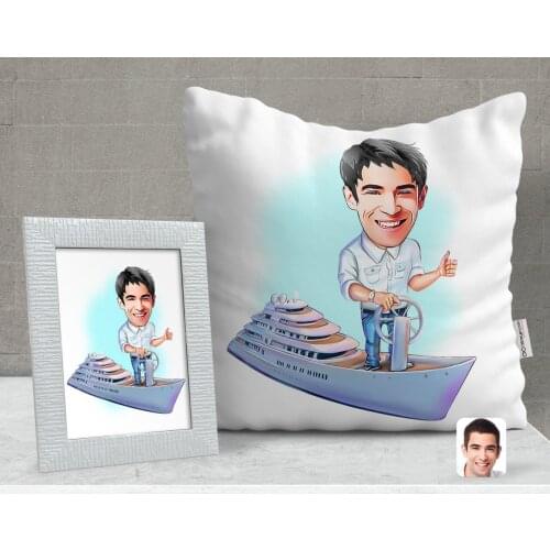 Personalized Men 'S Captain Caricature Of Decorative pillow And Frame Gift Seti-2