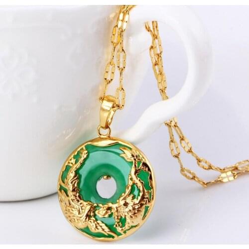 Natural Green Hetian Jade Pendant 18k yellow gold Dragon Phoenix Necklace Chinese Jadeite Amulet luxury Charm Jewelry Gifts