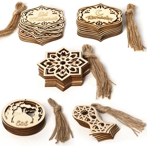 10Pcs Ramadan Mubarak Wood Hanging Pendant Eid Hajj Mubarak Ornament Hang Tags Wooden Craft Ramadan Kareem Muslim Home Decor