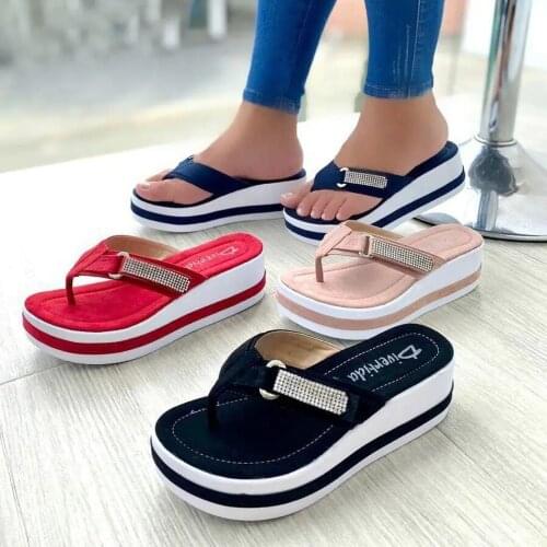 Plus Size Womens Shoes 2021 Rhinestone Sponge Platform Sandals Wedge Slippers Summer Flip Flops Women Flat Beach Slippers755