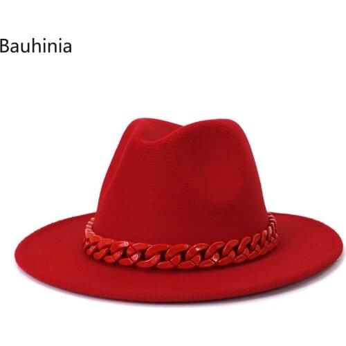 Bauhinia New Wool Jazz Fedora Hats With Candy Color Chain Wide Brim Felt Panama Hat Trilby Formal Party Cap