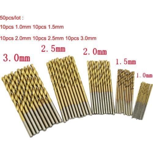 50pcs HSS Titanium Coated Drill Bits High Speed Steel Drill Bit Set High Quality Power Drilling Tools for Wood 1/1.5/2/2.5/3mm