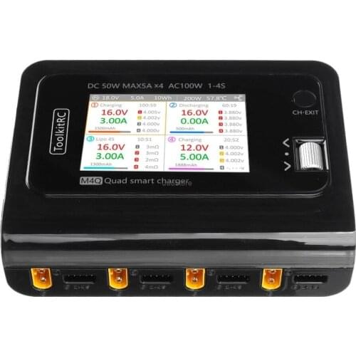 ToolkitRC M4Q 4x50w 5A 1-4S AC 100W 4 Ports XT60 XT30 DC Smart Charger 32 Bit ARM IPS Bright Clear Wide Angle Display for RC FPV
