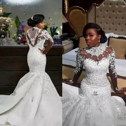 WUZHIYI Luxury Crystals African Mermaid Wedding Dresses 2022 Zipper Back Long Sleeve Heave Beaded Bride Marriage Bridal Gowns