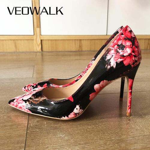 Veowalk 2020 New Italian Style Women Pointed Toe High Heels Microfiber Leather Stilettos Ladies Pink Flower Pumps Shoes Big Size