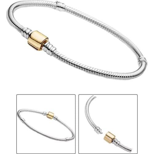 Women Wrist Charm Bracelets Signature Barrel Clasp Snake Chain 925 Sterling Silver Original Real 14K Gold 585 Fine Jewelry 2021