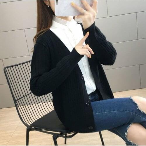 Woman Sweaters Cardigan Spring Outer Wear V-neck Sweater Cardigan Sweater Coat Short Sunken Stripe Top Month Sueters De Mujer
