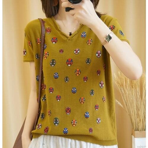 SZDYQH New Womens Vintage Pattern Short Sleeve Casual Sweater Coat Ladies Basic V-neck Knitted Pullover Summer Chic T-shirt Top