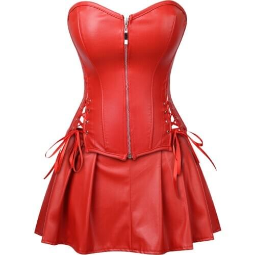 Ladies Faux Leather Corset Dress Steampunk Sexy Bustier with Mini Skirt Zipper Gothic Exotic Burlesque Espartilho Plus Size