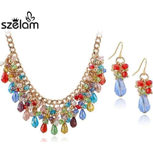 2016 New Fashion Jewelry Sets Necklace Pendant Drop Earring Multicolor Crystal Beads Gold Color Jewelry Set For Women SET140053