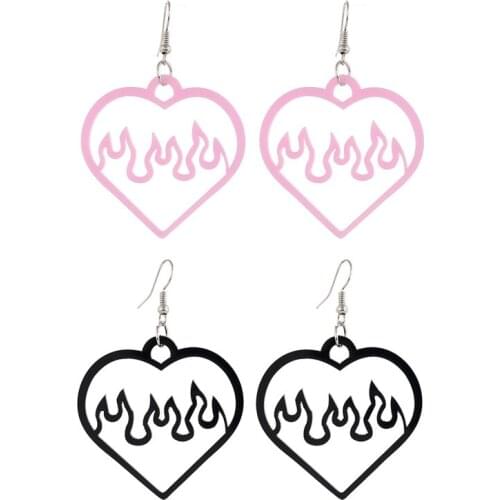 4pcs/lot Pink & Black Fire Heart Dangle Earrings Solid Color Hollow Acrylic Heart Earrings For Women Girls Hook Earring Jewelry
