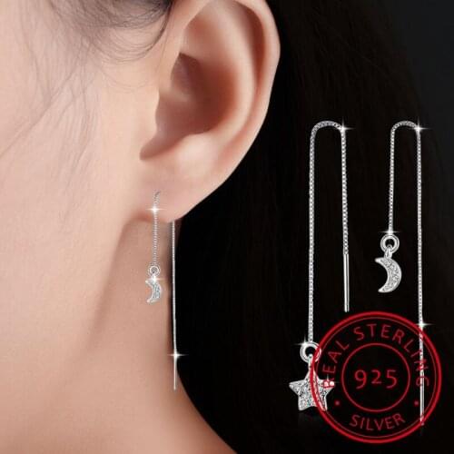 925 Sterling Silver Earring Chain Micro Zirconia Asymmetrical Star Moon Long Tassel Earrings For Women oorbellen S-E614
