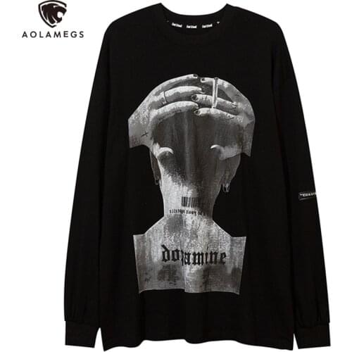 Aolamegs High Street Cool Boy Letter Print Sweatshirt Hoodie Men O-Neck Loose Cozy Punk Hipster Black Pullover Couple Streetwear