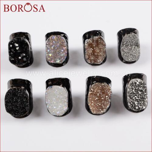 BOROSA 5PCS New Stylish Gun Black Color Rainbow Titanium Druzy Sparkling Drusy Ring for Women Girls Party Rings Jewelry B0890