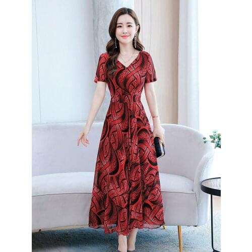 Elegant Vestido Dress Women Summer Floral Print Chiffon Short Sleeve V-neck A-line Beach Party Robe Sukienki Vadim 4669