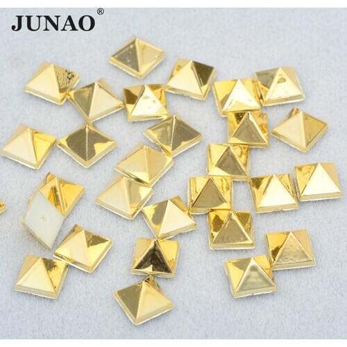 JUNAO 8mm Gold Color Pyramid Studs Spikes Plastic Square Punk Rivets Decorative Glue On Studs Rivets for Leather Clothes Craft