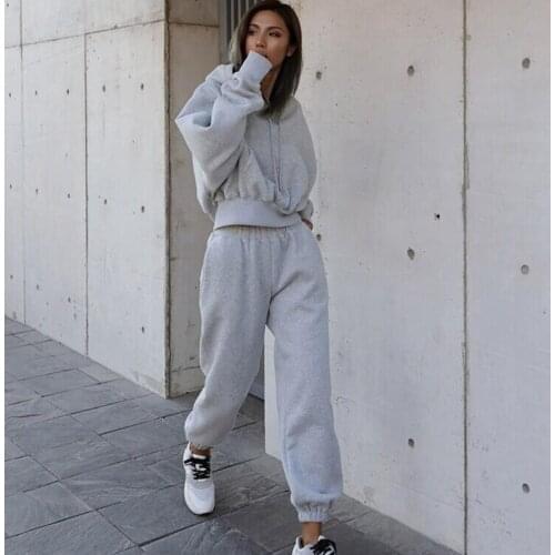 Women Elegant Solid Sets For Women Short Hoodie Sweatshirts And Long Pant Fashion Two Piece Sets Ladies