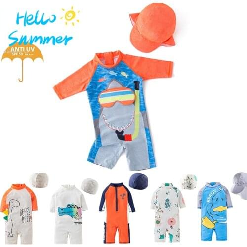 Bathing Suit Kids Shark Dinosaur Print Boy Swimsuit 2 Pieces with Hat UV Protection 2021 Summer New Childrens Swimwear for Boys