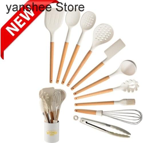 Kitchen utensils set, silica gel wood tableware, self-adhesive tools, spoons, rotary spatula, baking utensils