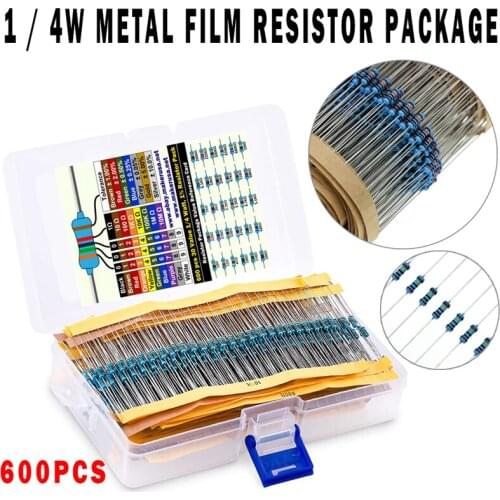 600pcs/lot 1/4W Metal Film Resistor Electronic Passive Components Kit 1% Assorted 0.25W 10-1M Values Ohm Pack