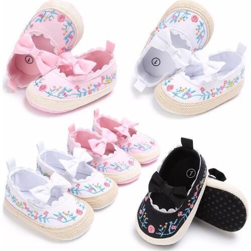 HOT Toddler Newborn Baby Crib Shoes Bow Embroidery Princess Baby Soft Sole Anti-Slip Prewalker For Baby Girls First Walk