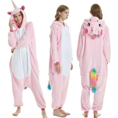 Pink Cartoon Animal Onesies Pajamas Flannel Hooded Winter Warm Cute One-piece Women Sleepwear Adults Halloween Cosplay Costume