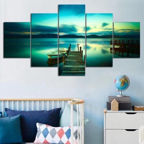 Canvas Printed Poster 5 Panel Wharf and Boat Landscape Painting Wall Artwork Modular Pictures for Living Room Home Decoration