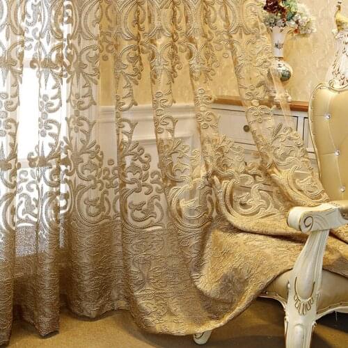 Luxury Embroidered Tulle Curtains for Living Room Hollow Out Gold Floral Translucent Fabric French Window Treatment Drape