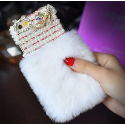Luxury Bling Pearl Diamond Rabbit Fur Furry Warm Soft Phone Case Cover For iPhone 11 12 Pro Max X XR XS MAX 6s 7 8 Plus SE 2020