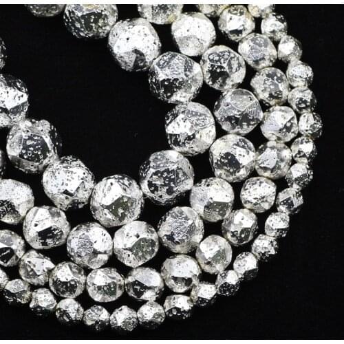 Silvers White Gold Faceted Volcanic Lava Natural Stone 6/8/10/12mm Loose Beads for Jewelry Making DIY Bracelets Accessories 15